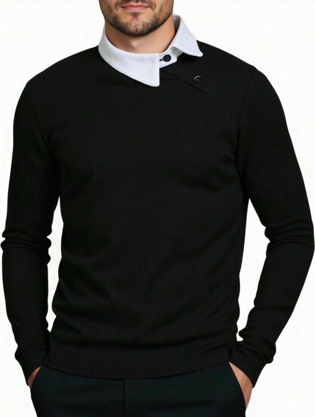 Men’s Contrast Color Long Sleeve Buttoned Knitted Polo Shirt – Casual Business Top