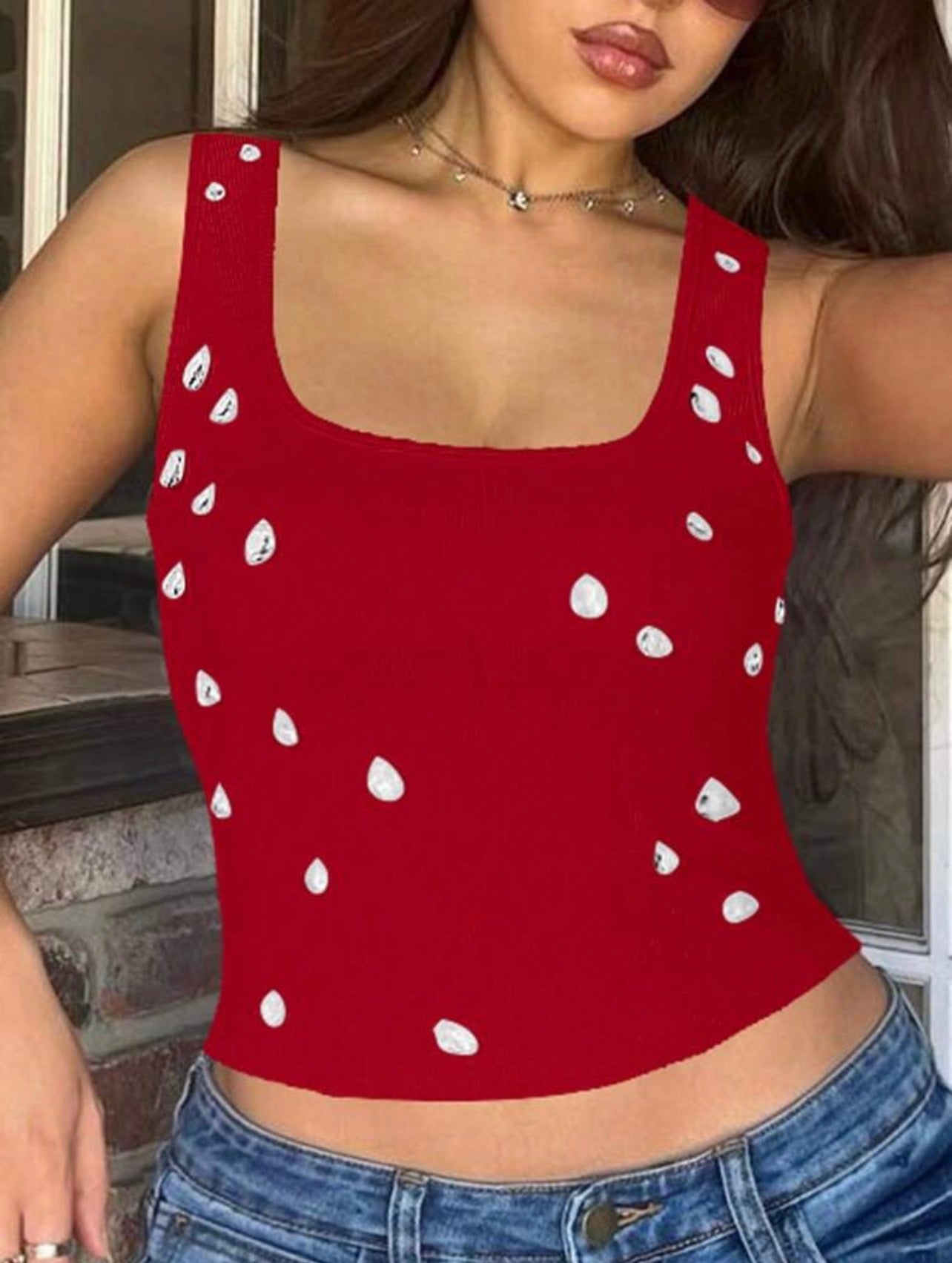 Women’s Cropped Ribbed Camisole Tank Top with Diamond Detail – Casual Summer Sleeveless Top