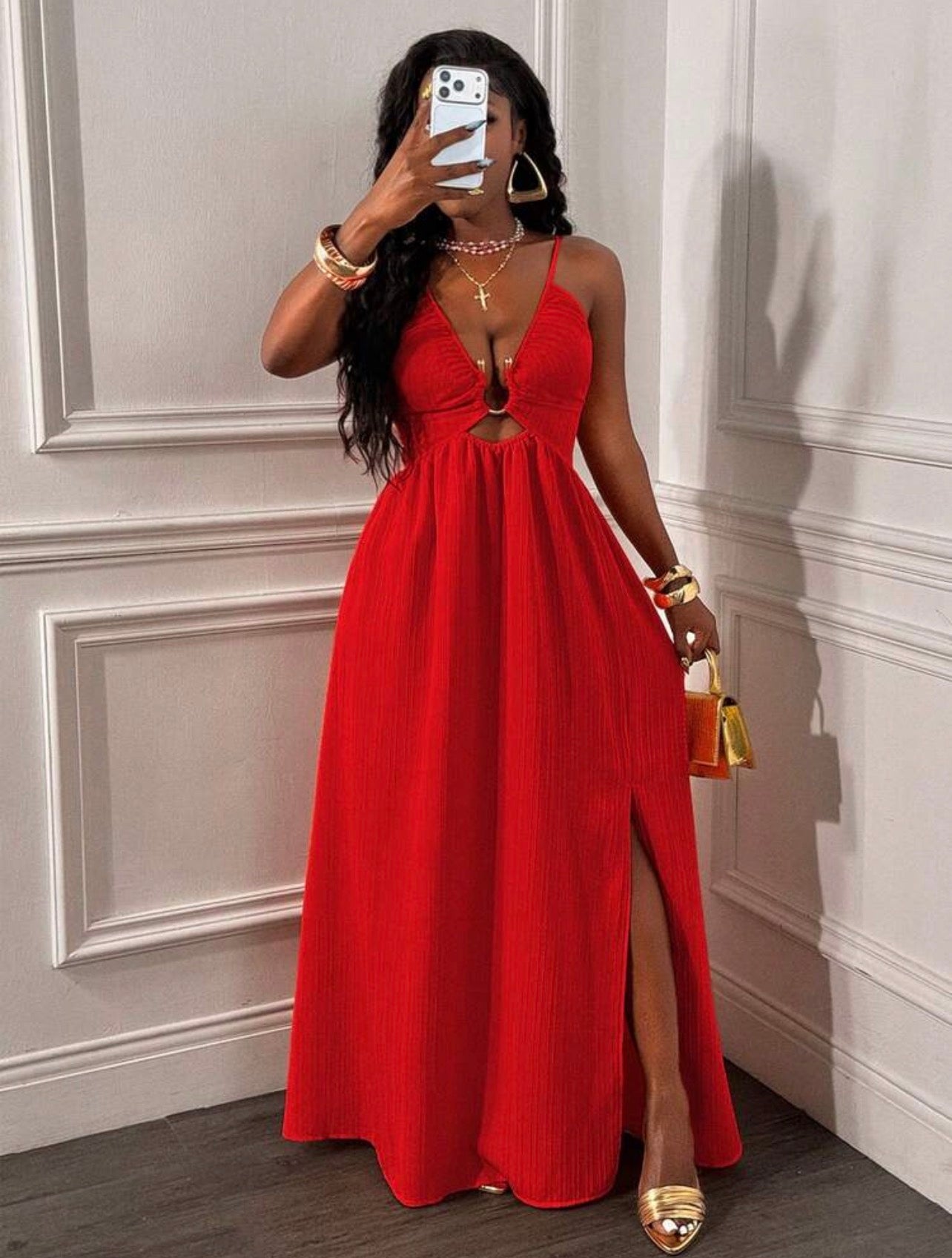 Women’s Spaghetti Strap Backless Criss-Cross High Slit Ruched Hem Dress