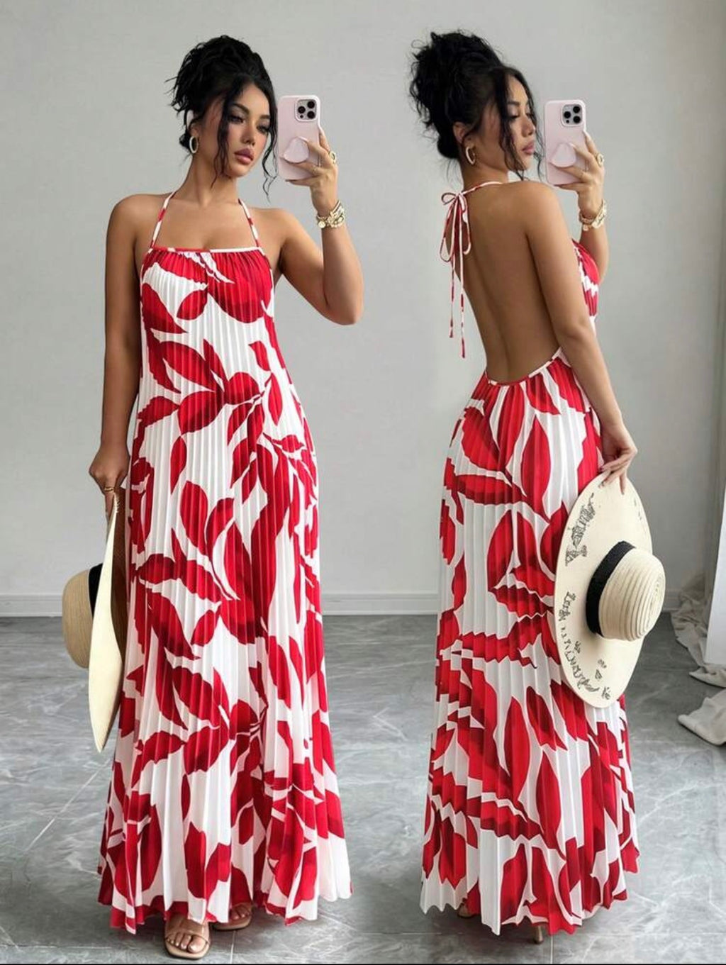 Women’s Loose Fit Pleated Printed Maxi Dress – Elegant Casual Vacation Style