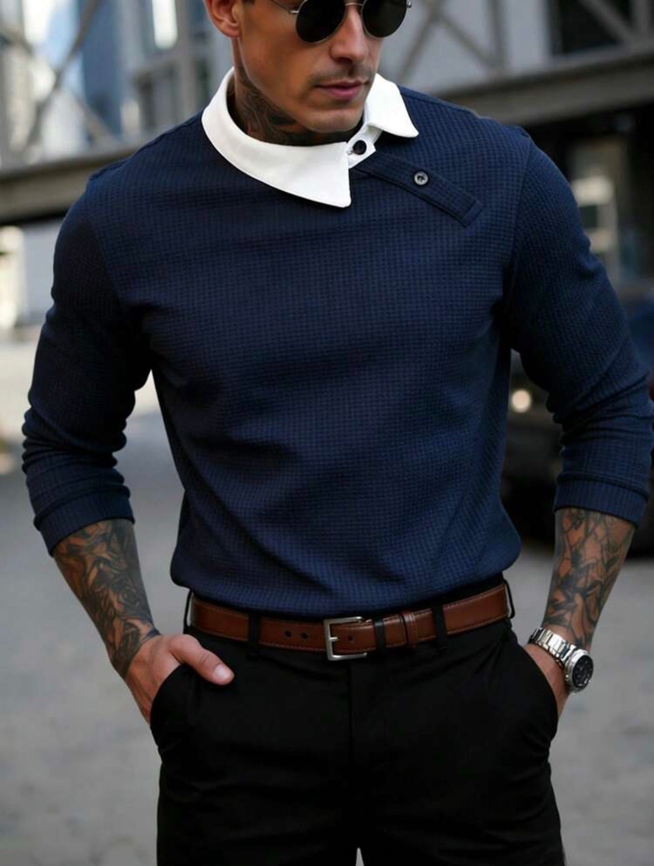 Men’s Contrast Color Long Sleeve Buttoned Knitted Polo Shirt – Casual Business Top
