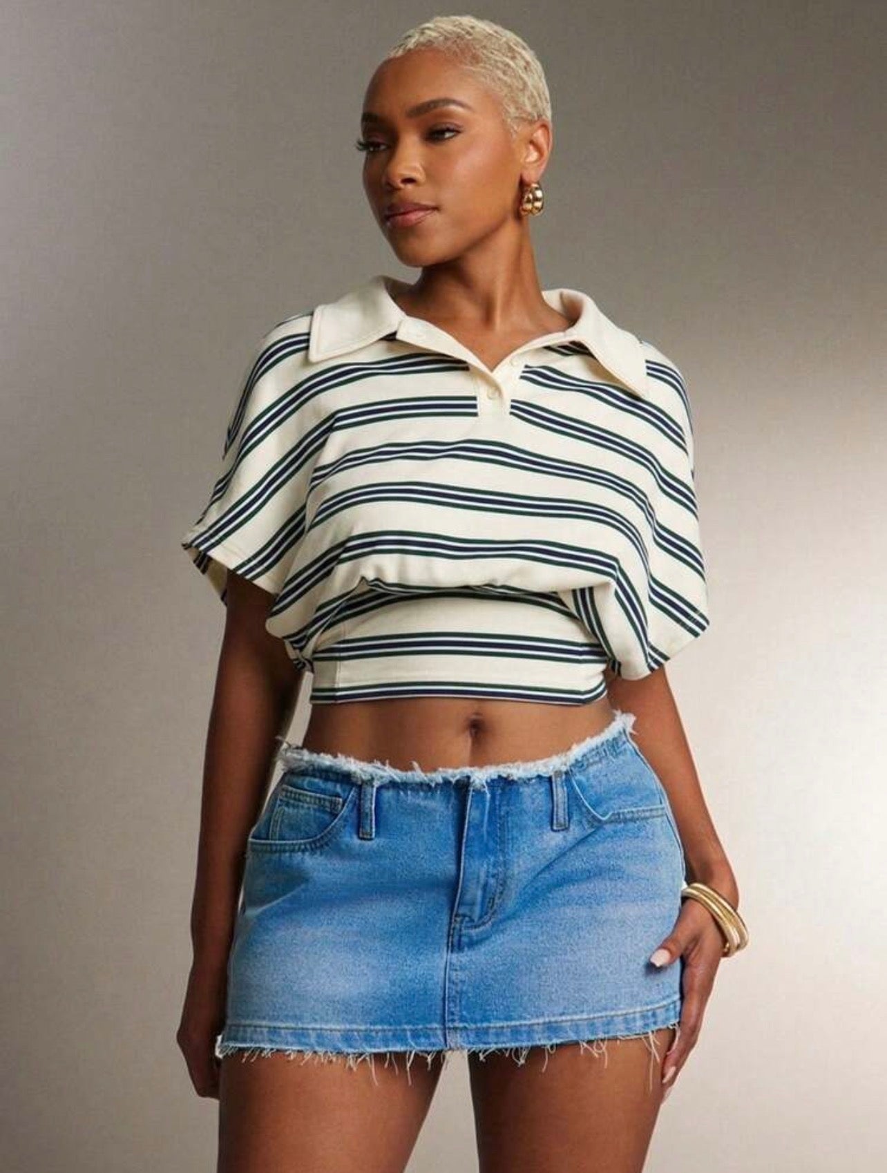 Women’s Cinched Waist Striped Polo Collar Top – Fashion Casual Shirt