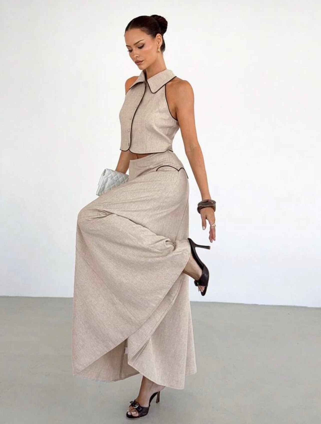 Women’s Linen Sleeveless Collared Top & High-Waisted Long Skirt Two-Piece Set