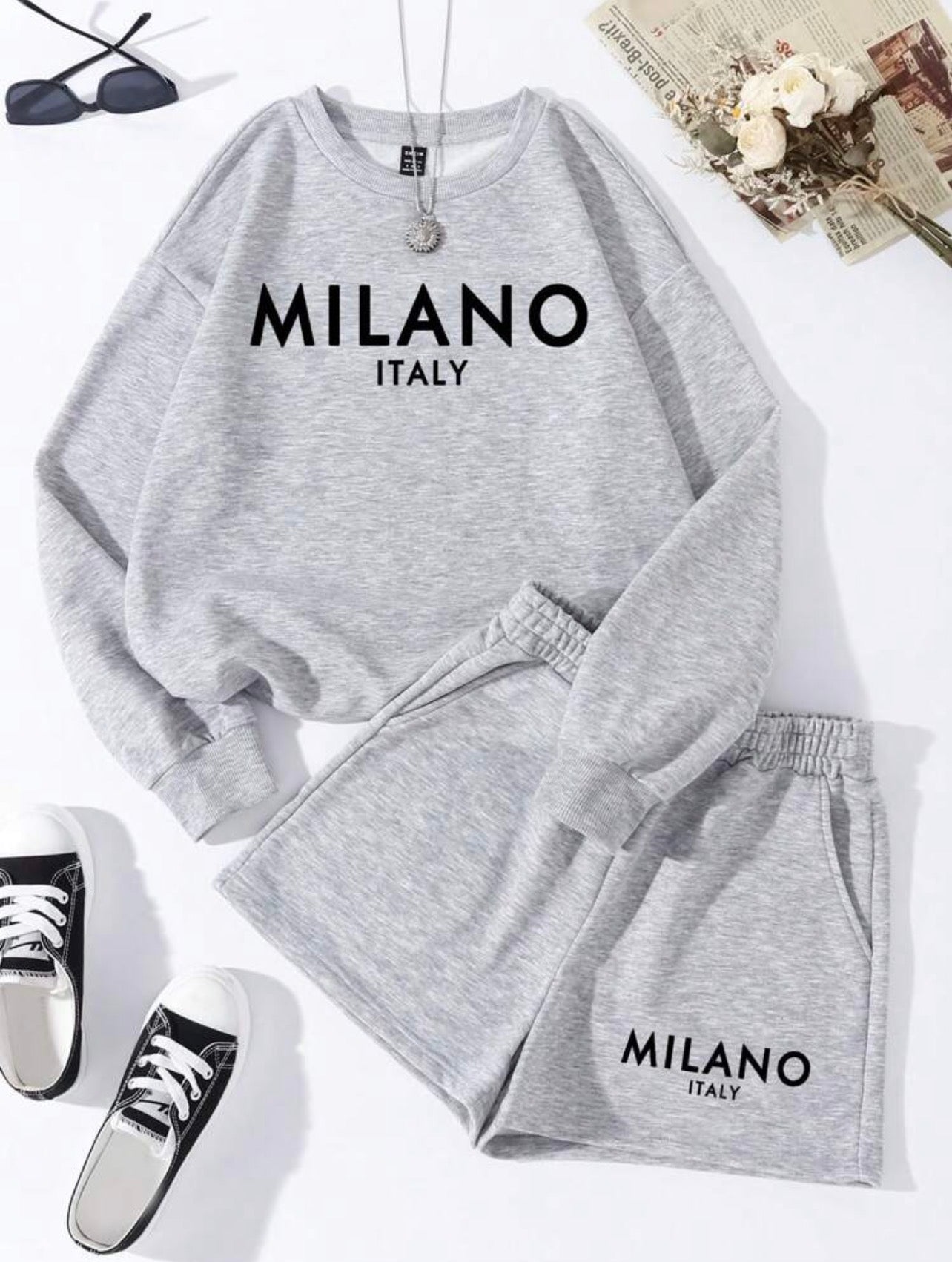 Women’s Letter Print Crew Neck Long Sleeve Top & Shorts Two-Piece Set