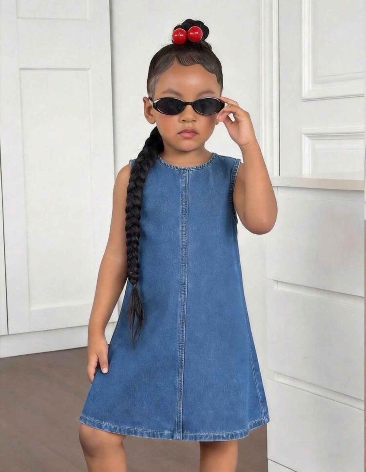 Girls Blue Denim Sleeveless Loose Casual Dress