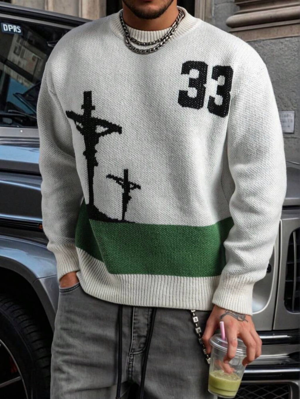 Men’s Numeric & Letter Print Pullover Sweater – Casual Loose Fit Knit Top