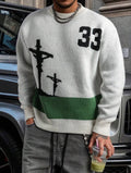 Men’s Numeric & Letter Print Pullover Sweater – Casual Loose Fit Knit Top