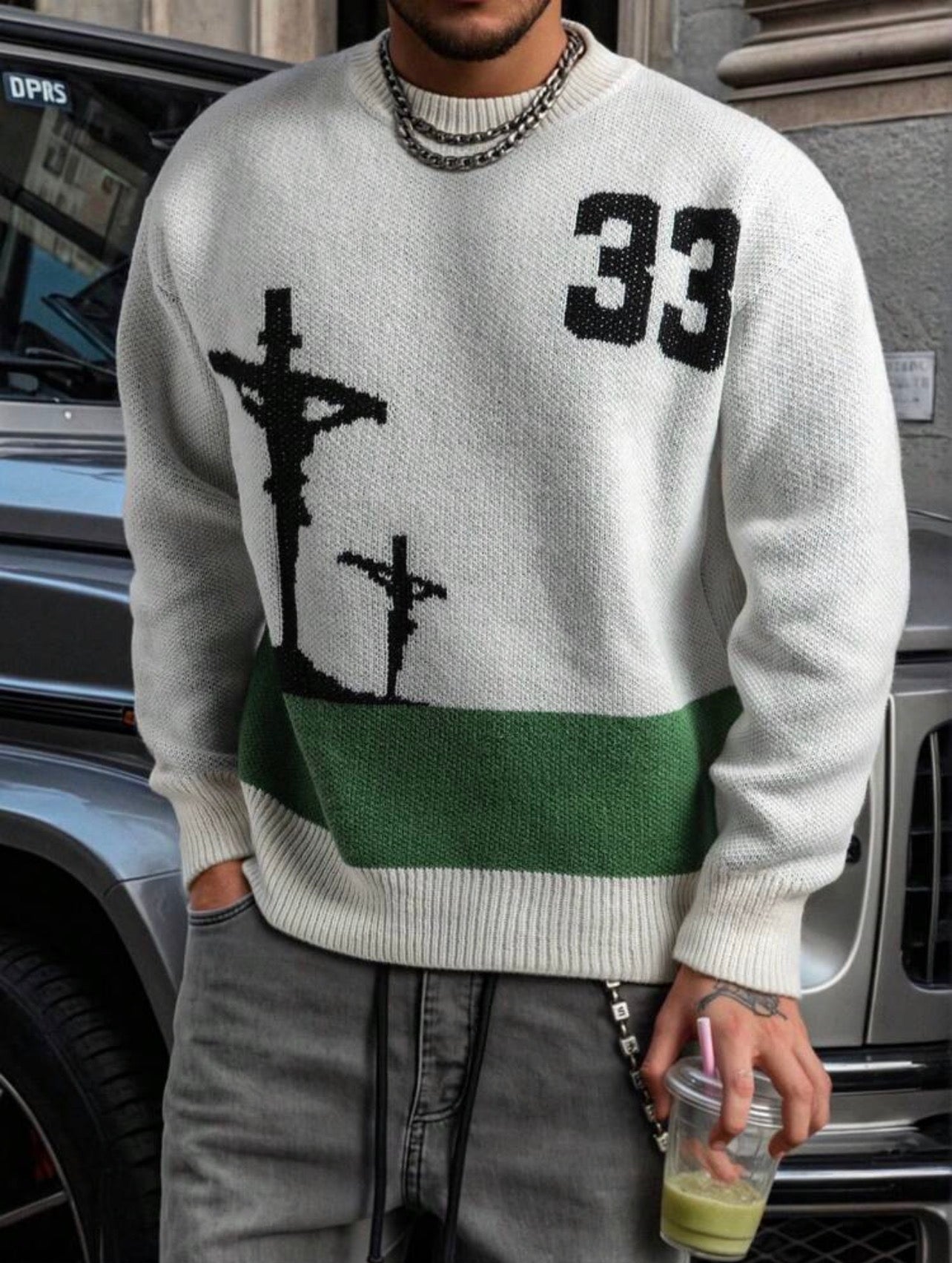 Men’s Numeric & Letter Print Pullover Sweater – Casual Loose Fit Knit Top