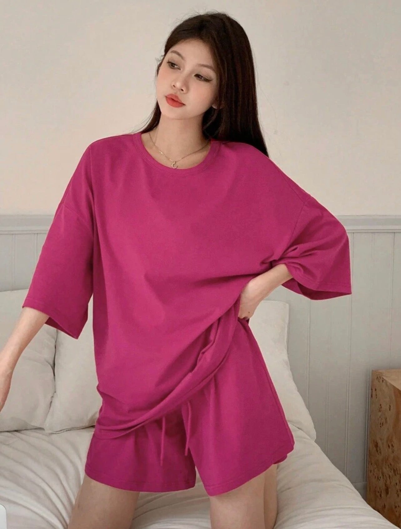 Women’s Solid Color Loose Fit T-Shirt & Shorts Two-Piece Homewear Set