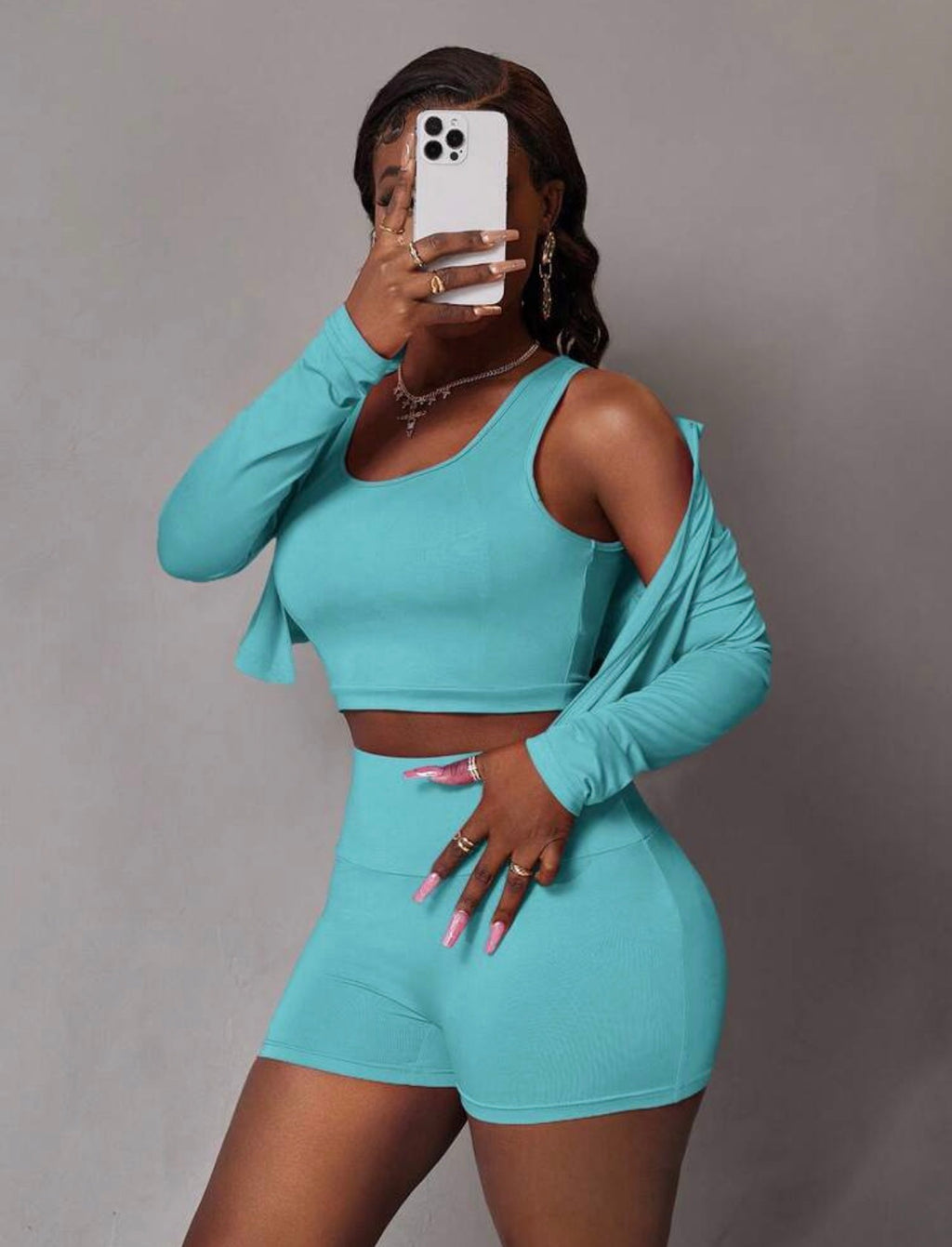 Women’s 3-Piece Sporty Summer Set with Half-Zip Jacket, Sleeveless Crop Top & Shorts