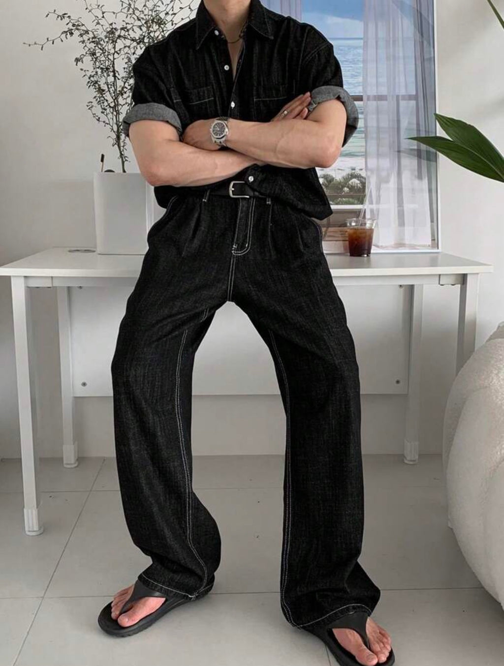 Men’s Solid Color Denim Two-Piece Suit – Casual Spring/Summer Outfit