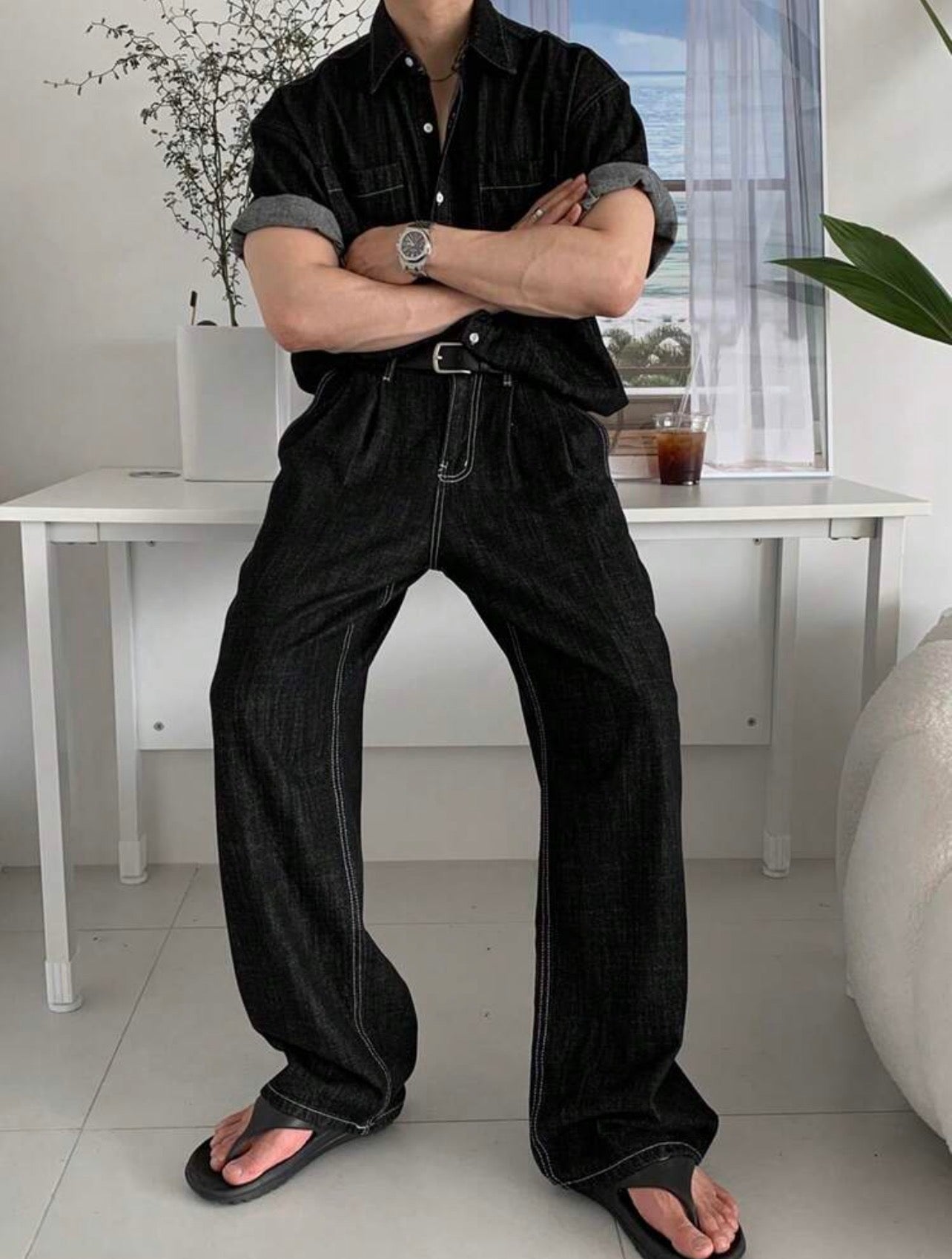 Men’s Solid Color Denim Two-Piece Suit – Casual Spring/Summer Outfit