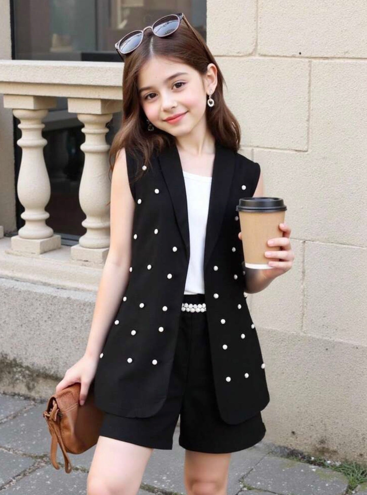 Girls Pink Blazer, Knit Camisole & Pearl Embellished Shorts Formal 3-Piece Set
