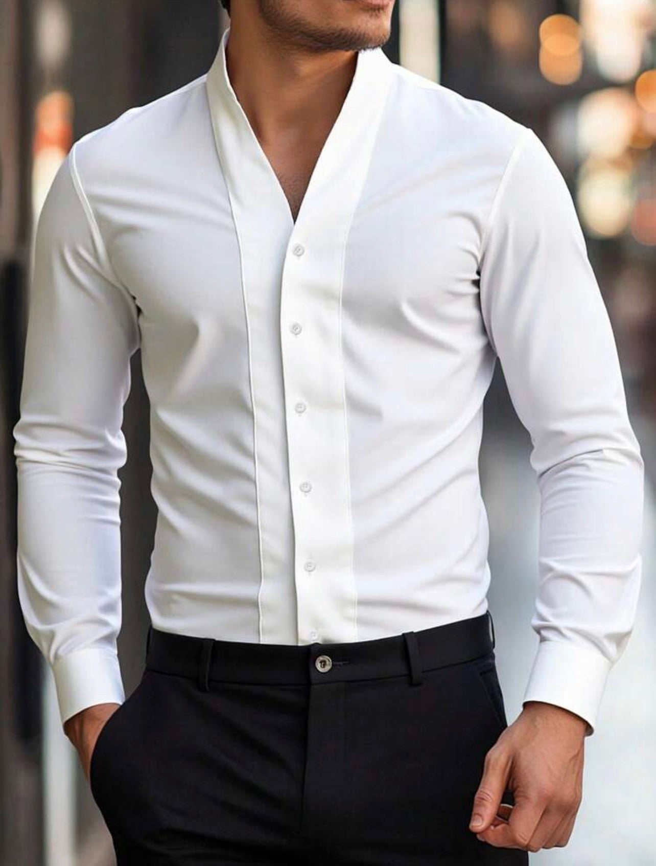 Men’s Solid Color Button-Front Long Sleeve Casual Business Shirt – Zip Detail Formal Style Top