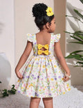 Girls Floral Print Flare Sleeve Hollow Back Ruffle Hem Party Dress