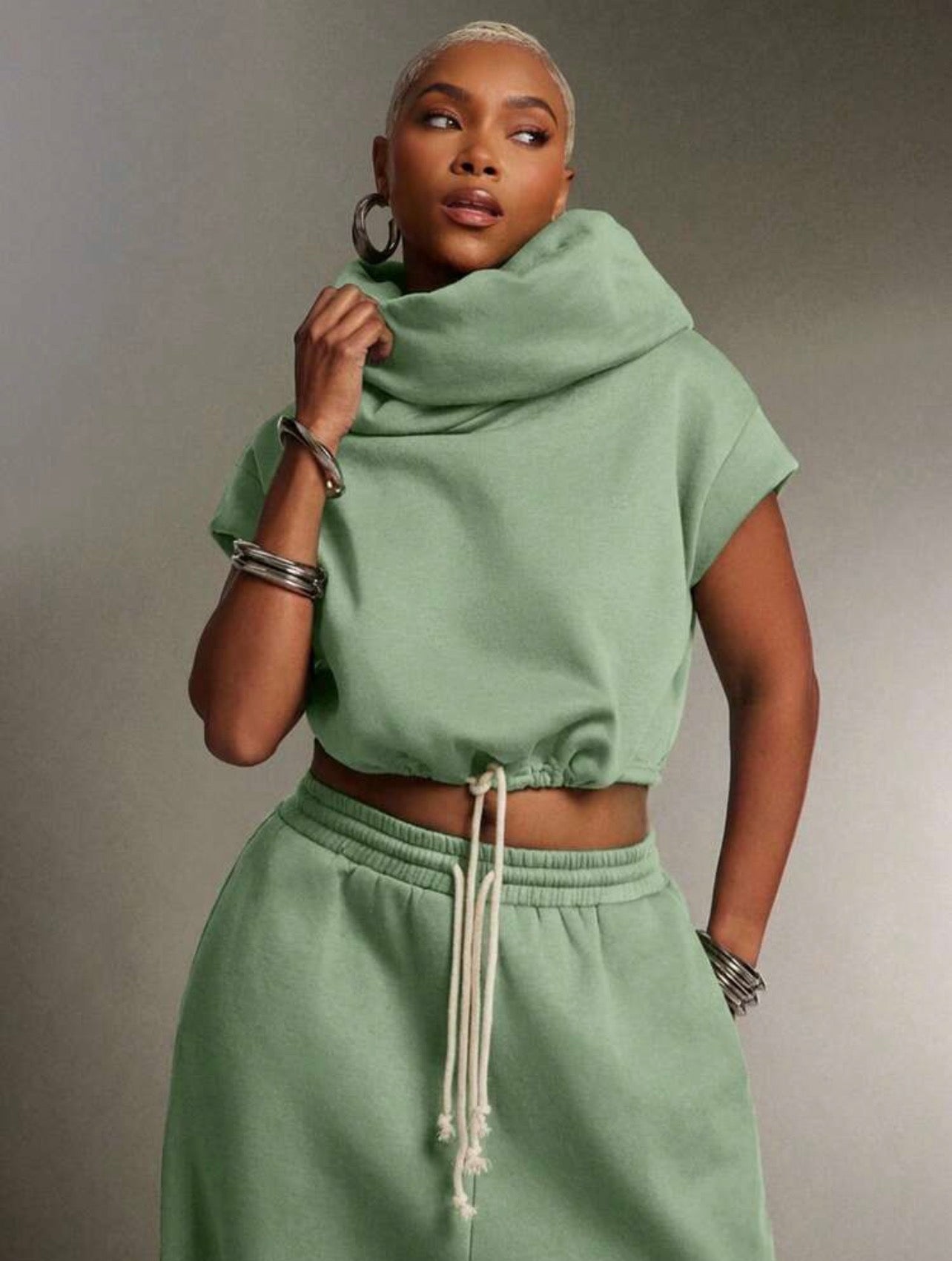 Women’s High Neck Hooded Terry Sweatshirt Top – Multi-Wear Streetwear Hoodie