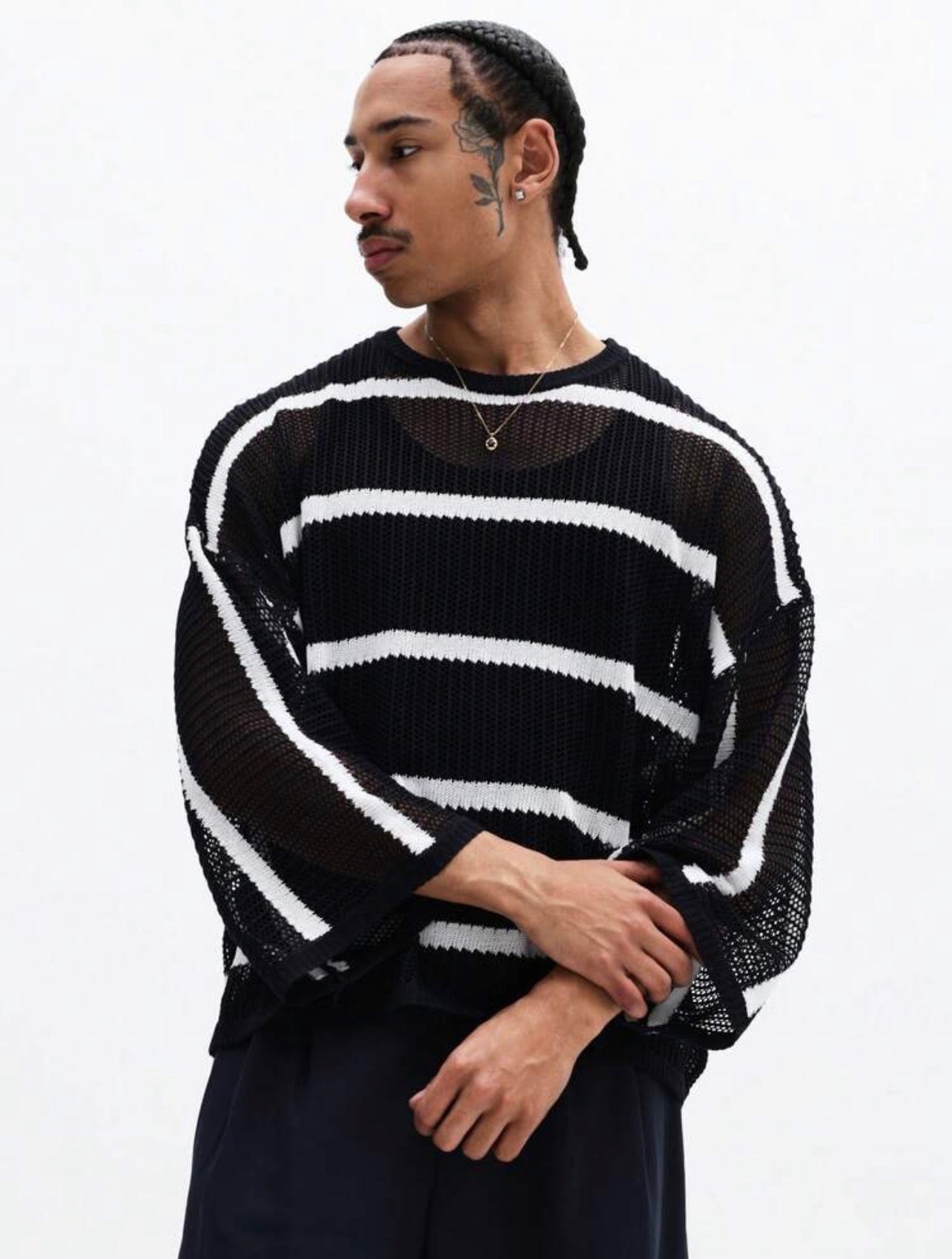 Men’s Horizontal Striped Mesh Knit Sweater – Long Sleeve Crew Neck Pullover