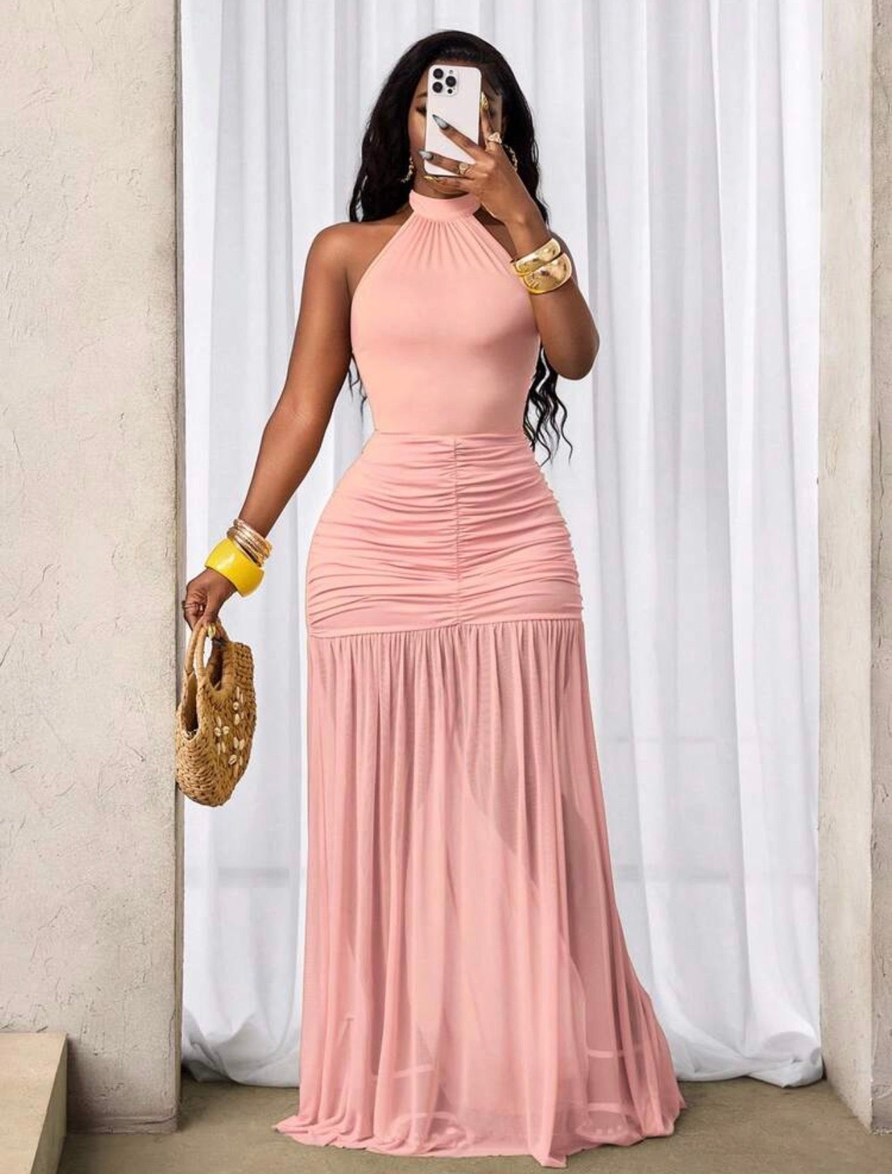 Women’s Pleated Halter Neck Tie Elegant Dress