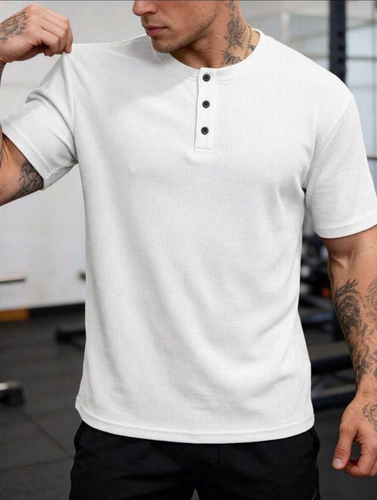 Men’s Waffle Knit Henley Collar Button Casual Polo Shirt – Relaxed Fit Short Sleeve Top