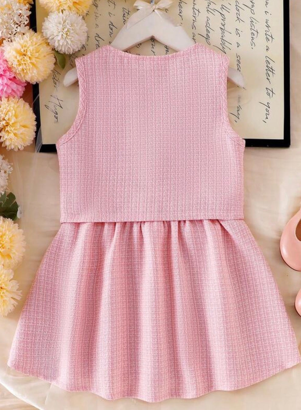 Girls Vintage Floral Applique Blazer Vest & Mini Skirt Elegant 2-Piece Set