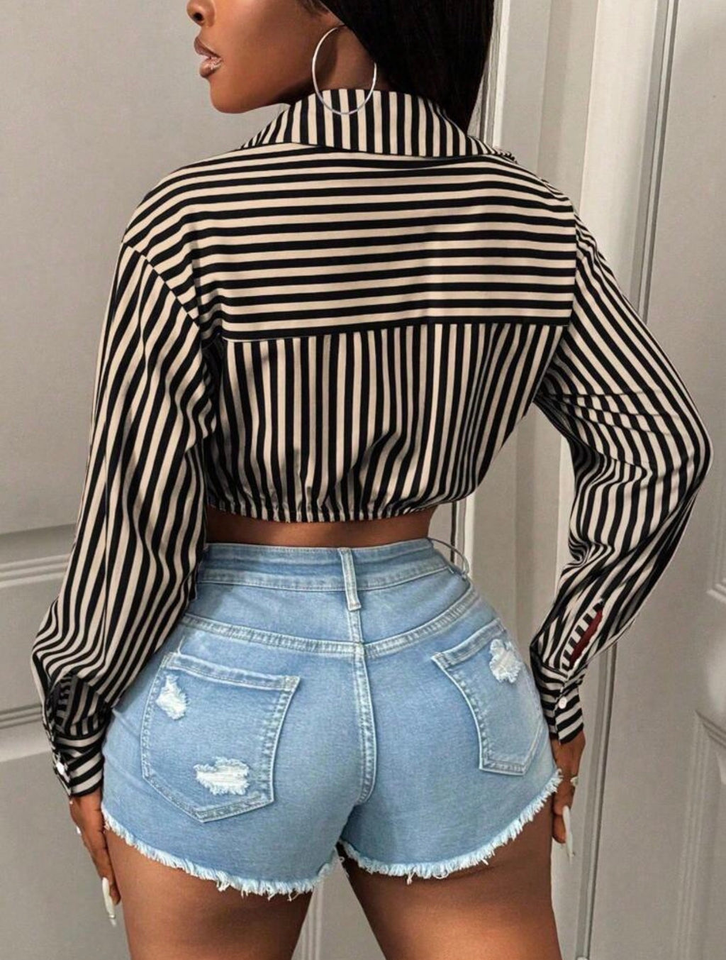 Women’s Striped Single-Breasted Cropped Long Sleeve Shirt – Casual Fashion Top