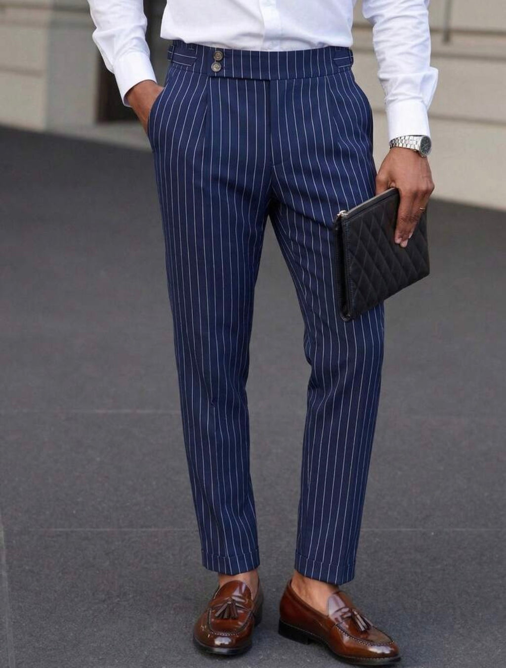 Men’s Striped Suit Pants with Slant Pockets – Casual Business Formal Trousers