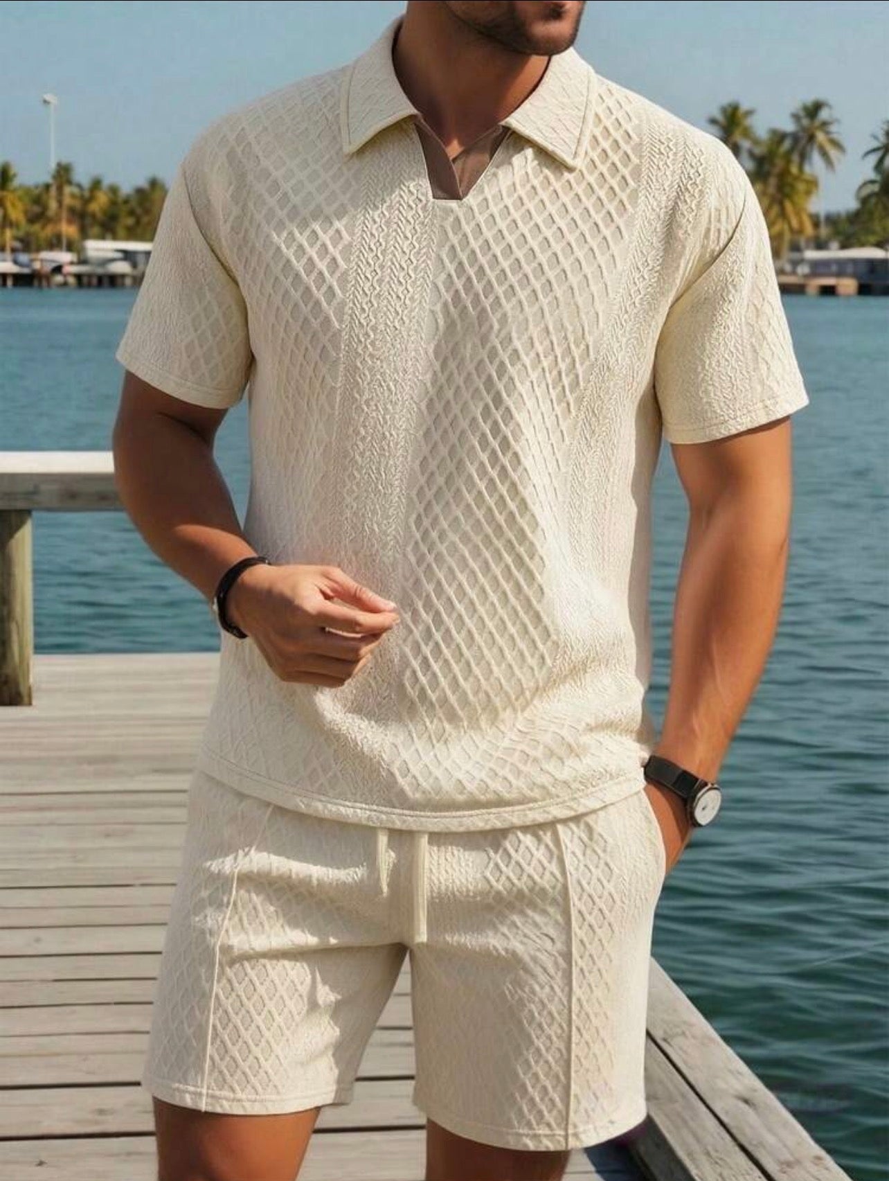 Men’s Polo Collar Short Sleeve Shirt & Shorts Two-Piece Resort Set – Casual Summer Outfit