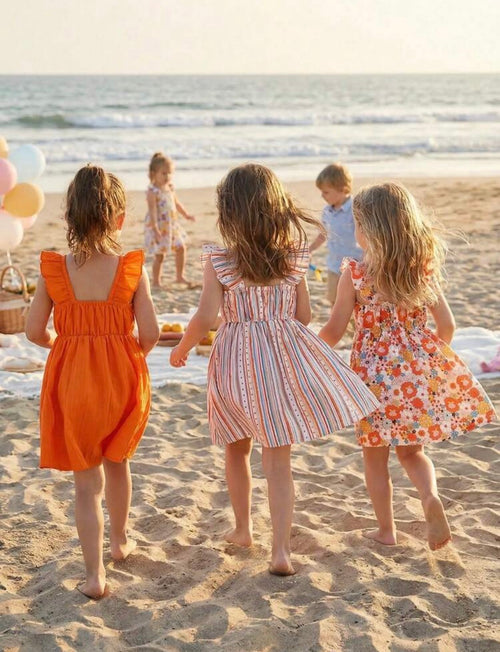 3-Piece Girls Floral & Striped Ruffle Cuff Square Collar Dress Set for Summer