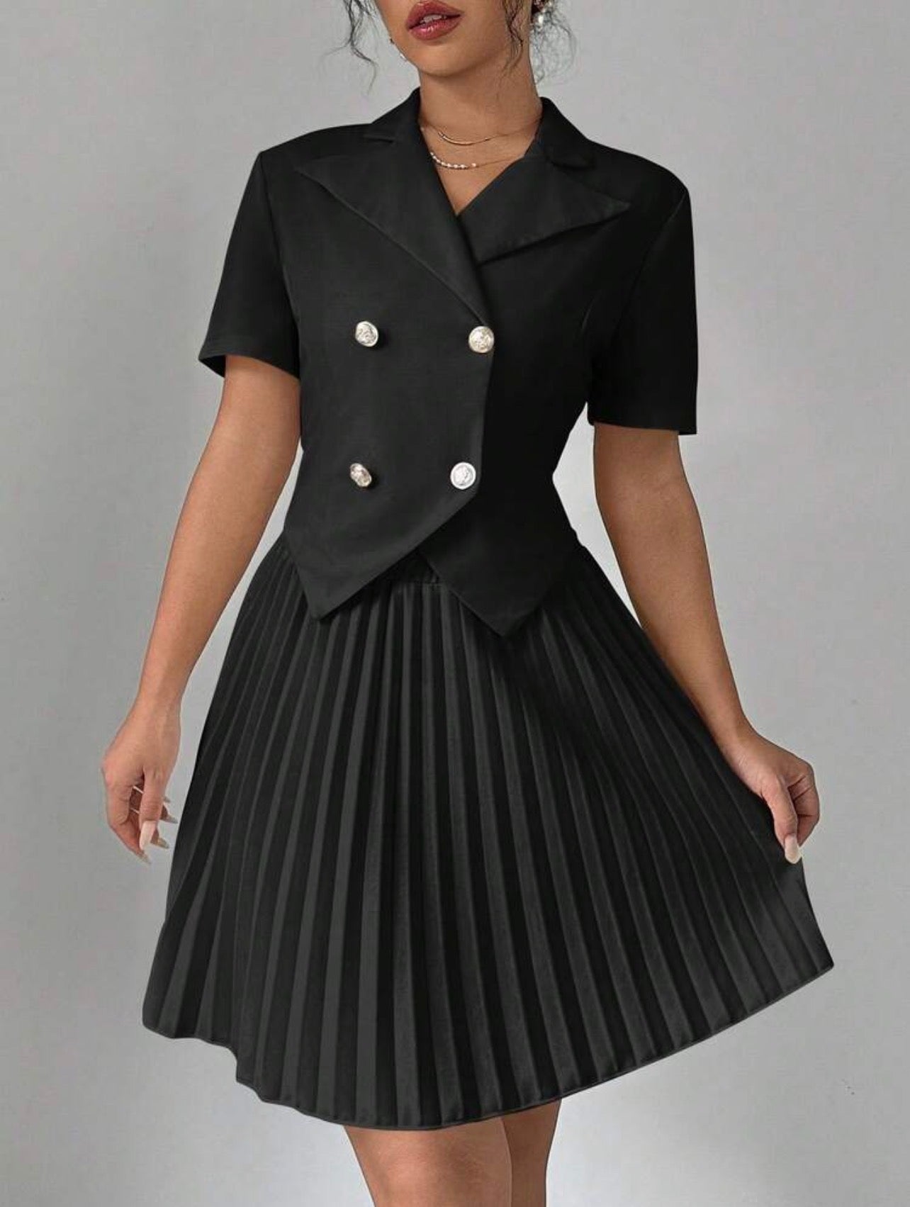 Women’s Double-Breasted Short Sleeve Top & Pleated Skirt Two-Piece Set