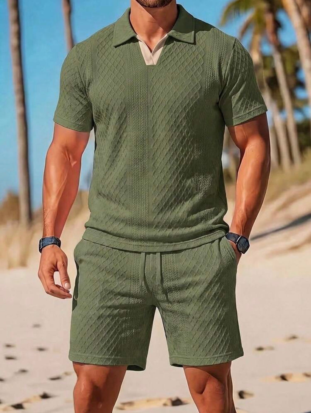 Men’s Polo Collar Short Sleeve Shirt & Shorts Two-Piece Resort Set – Casual Summer Outfit