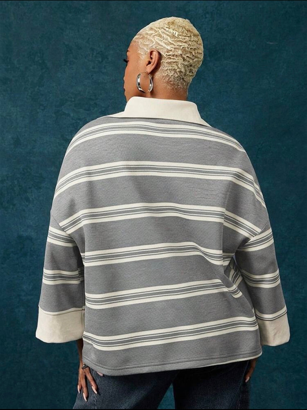 Women’s Striped Half Zip Quarter Sleeve Collared Oversized Top – Casual Everyday Wear