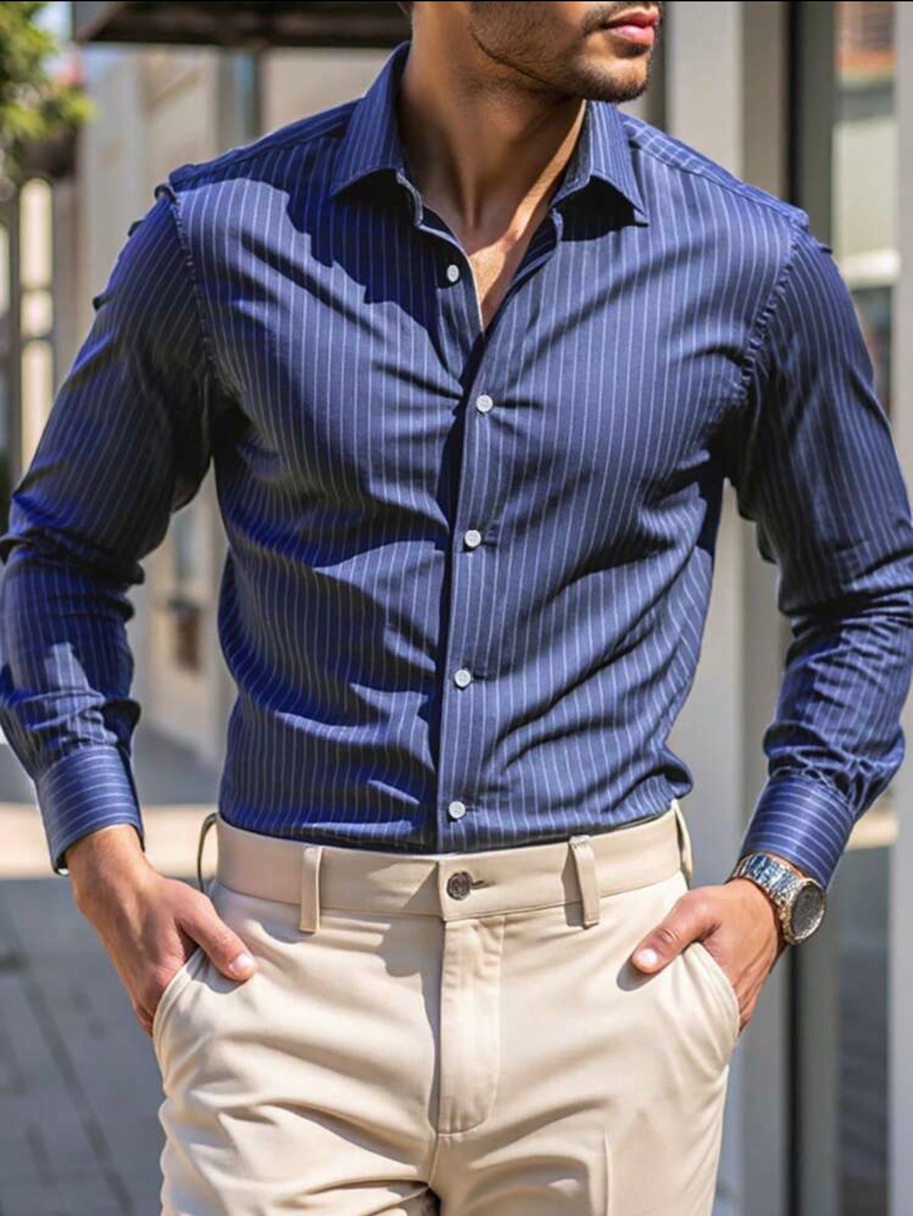 Men’s Striped Long Sleeve Formal Shirt – Casual Business Top