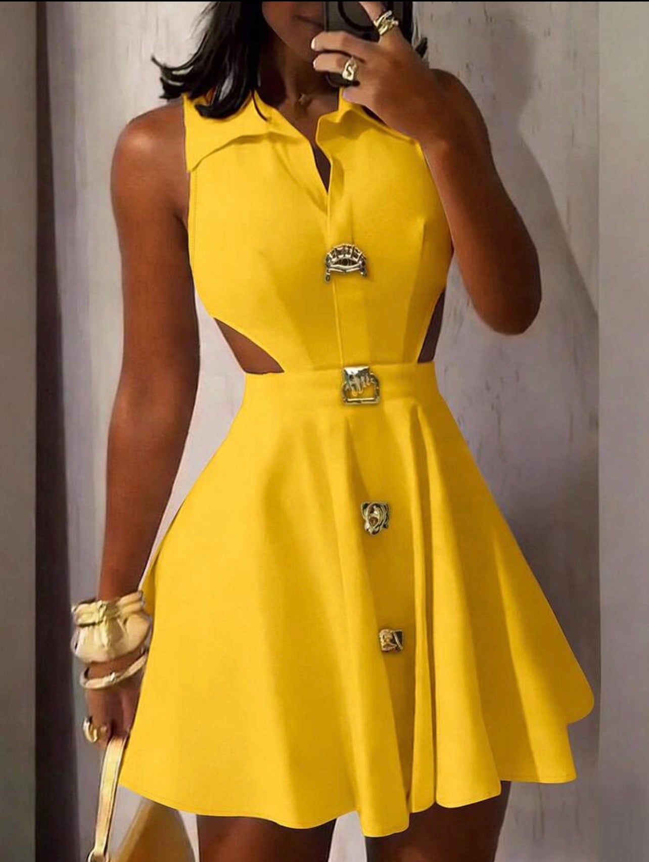 Women’s Elegant Sleeveless Lapel A-Line Dress with Asymmetrical Hem & Metal Buckle Detail