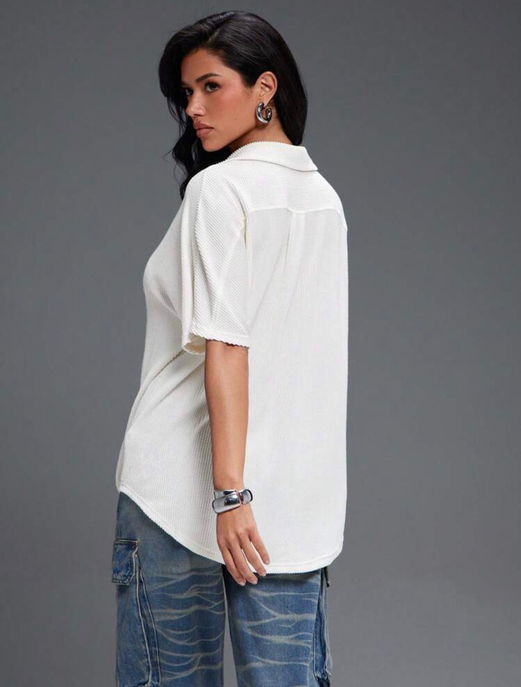 Women’s Plunge Neck Collared Oversized Short Sleeve Top – Casual Fashion Wear