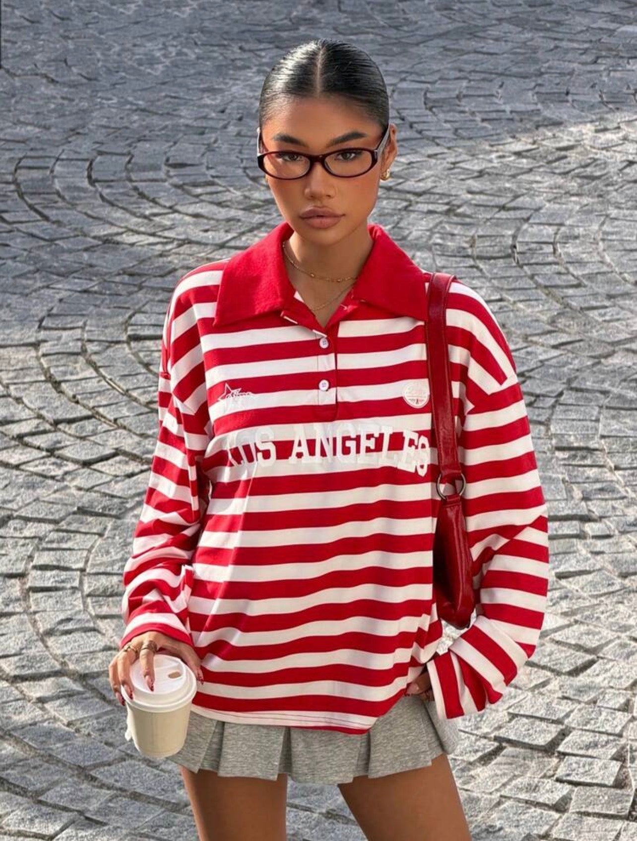 Women’s Red Striped Letter Print Long Sleeve T-Shirt – Casual Streetwear Top