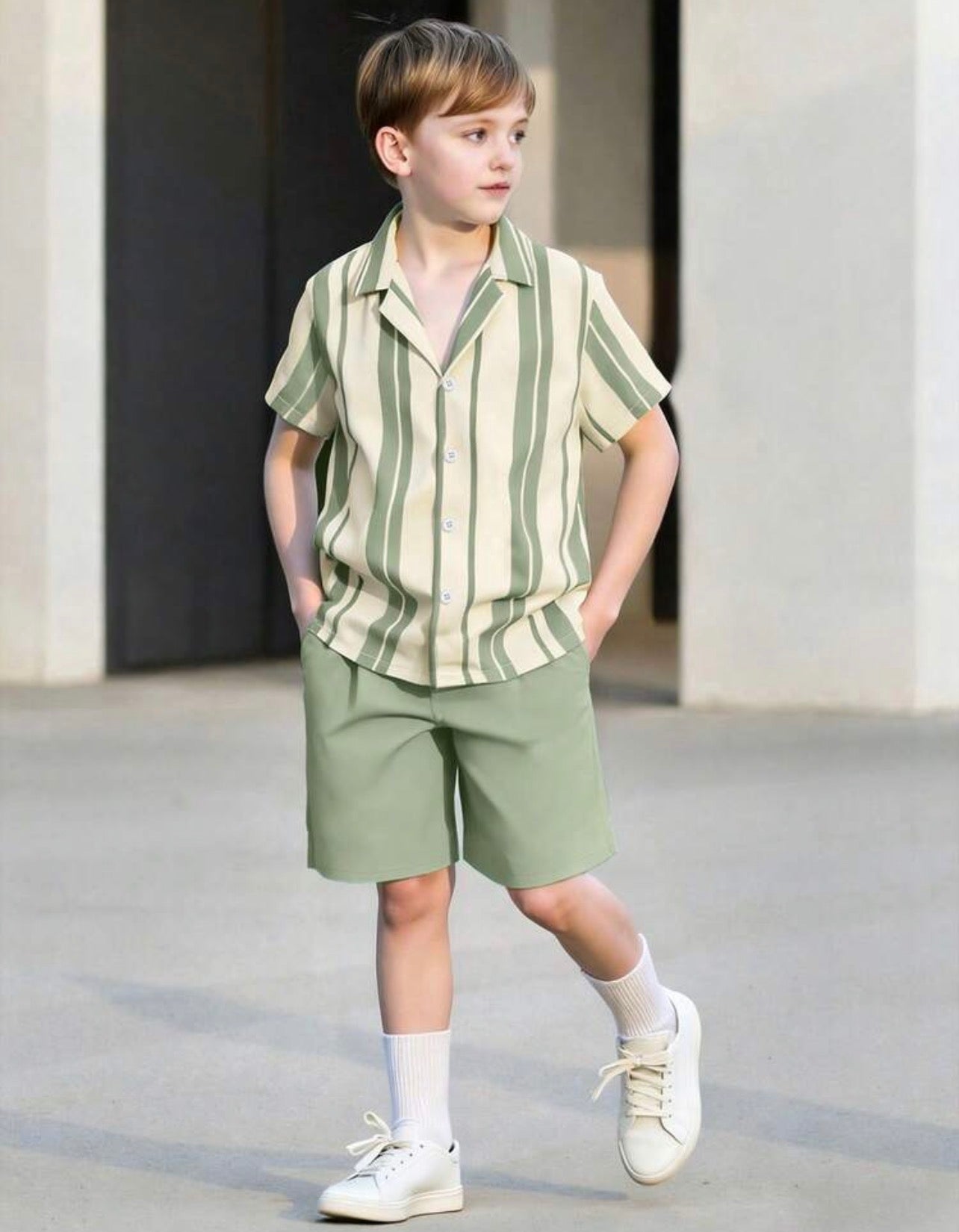 Boys Vertical Stripe Short Sleeve Shirt & Solid Shorts Casual Summer Set