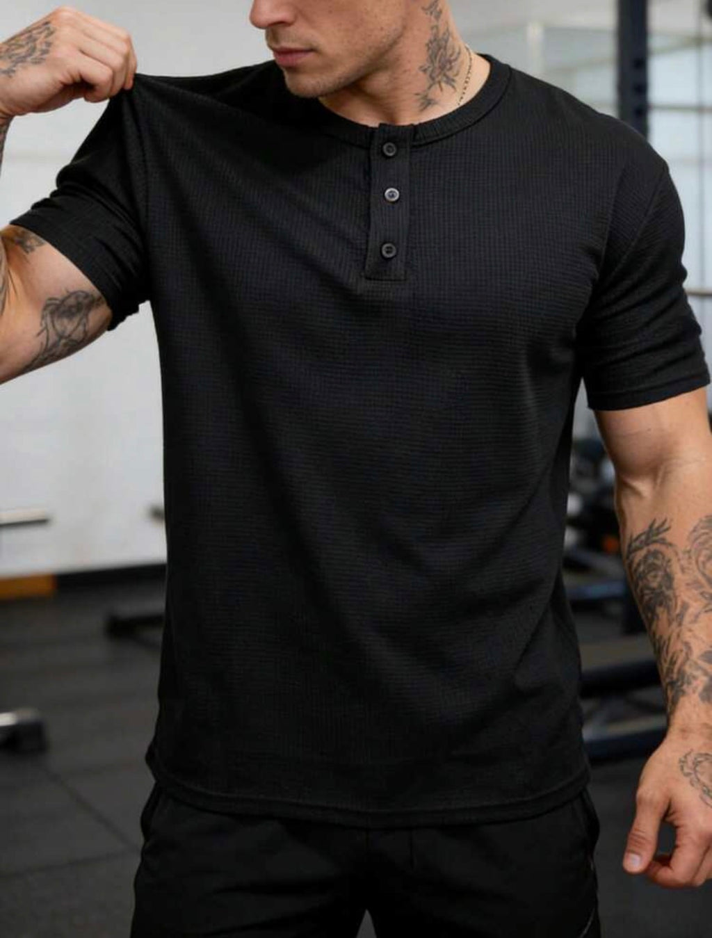 Men’s Waffle Knit Henley Collar Button Casual Polo Shirt – Relaxed Fit Short Sleeve Top