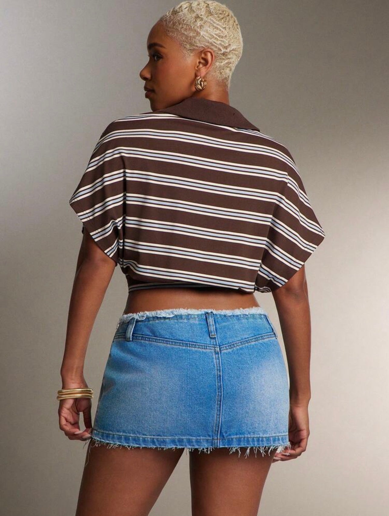 Women’s Cinched Waist Striped Polo Collar Top – Fashion Casual Shirt