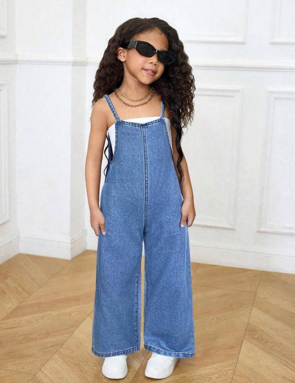 Girls Dark Blue Denim Halter Jumpsuit for Casual Vacation & Summer Wear