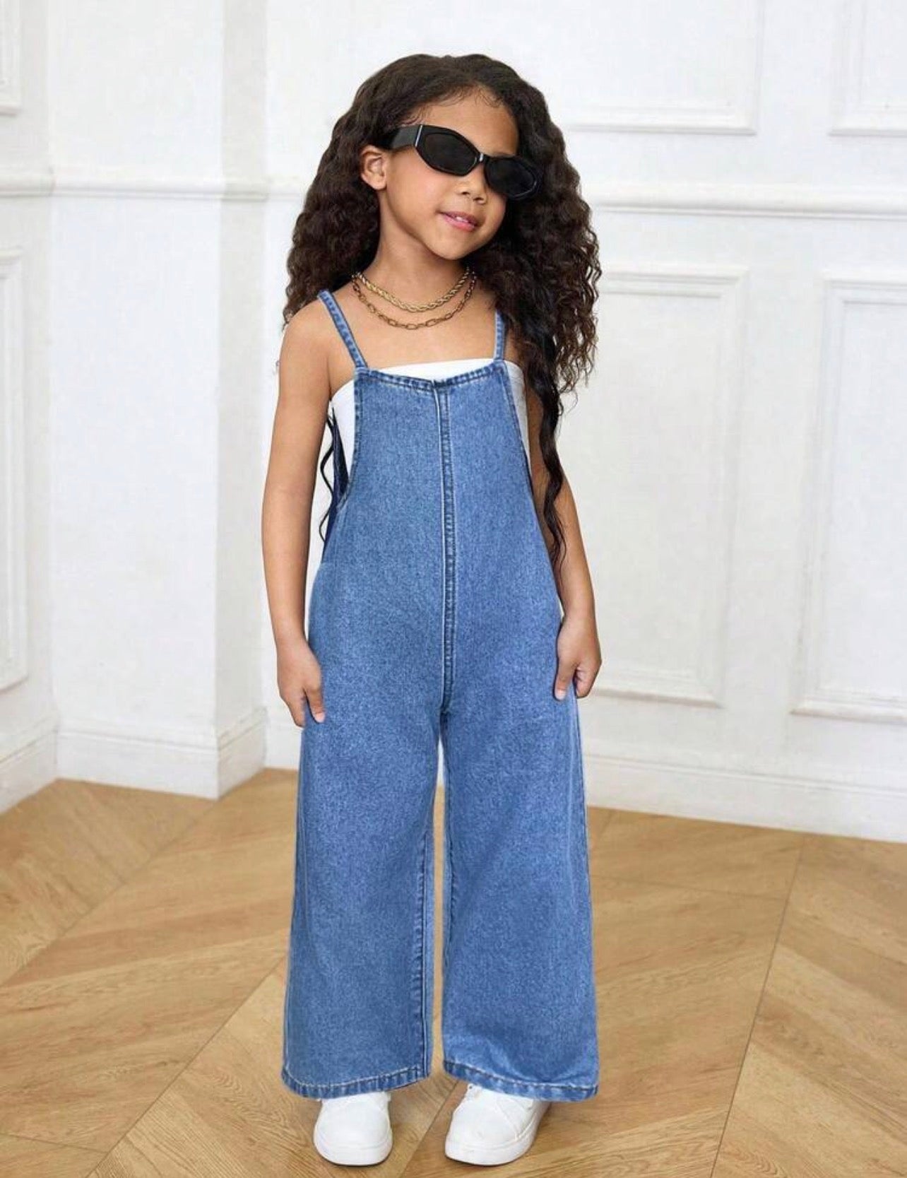 Girls Dark Blue Denim Halter Jumpsuit for Casual Vacation & Summer Wear