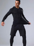 Men’s 3-Piece Compression Sports Set with Long Sleeve Shirt, Hoodie & Fitness Pants