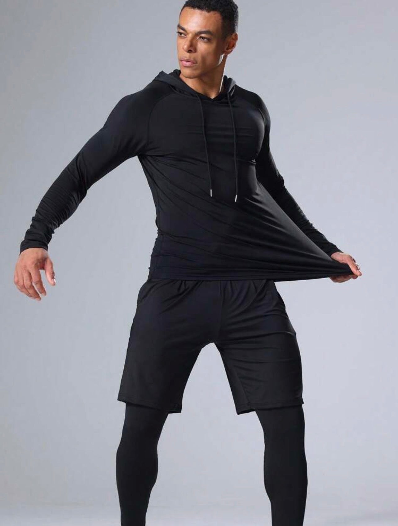 Men’s 3-Piece Compression Sports Set with Long Sleeve Shirt, Hoodie & Fitness Pants