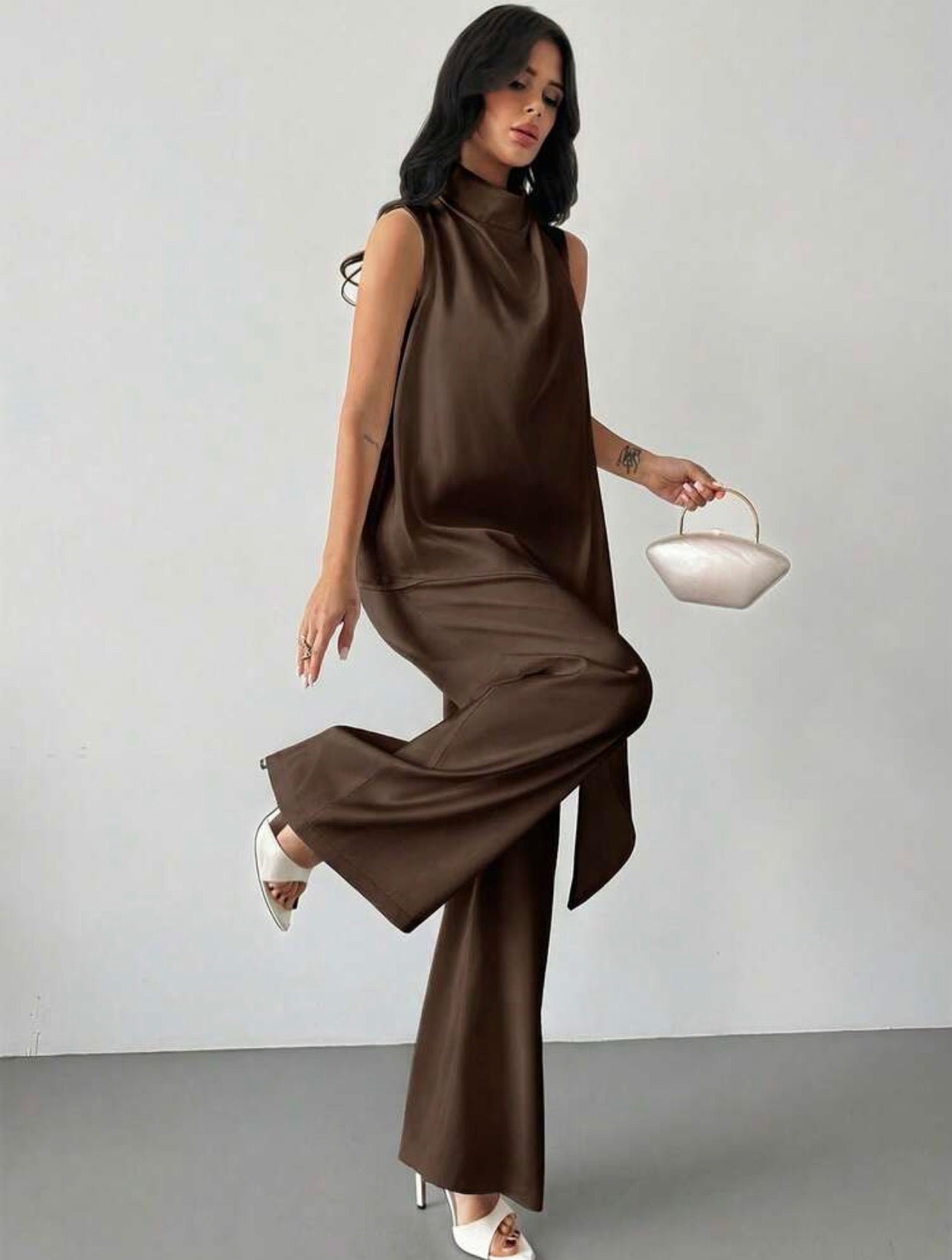 Women’s Satin Sleeveless Pleated Collar Blouse & Straight Leg Pants Elegant Two-Piece Set
