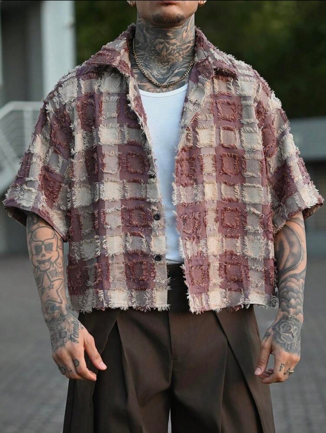 Men’s Plaid Woven Short Sleeve Cropped Shirt – Casual Summer Top