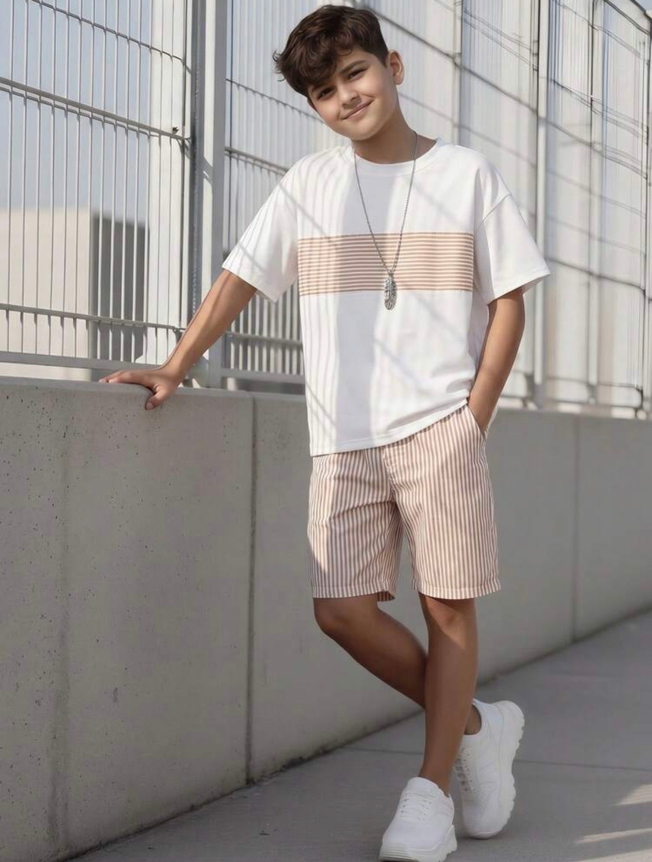 Boys Navy Blue Striped T-Shirt & Loose Shorts Casual Summer Sports Set