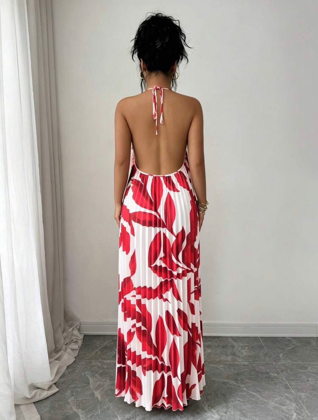 Women’s Loose Fit Pleated Printed Maxi Dress – Elegant Casual Vacation Style