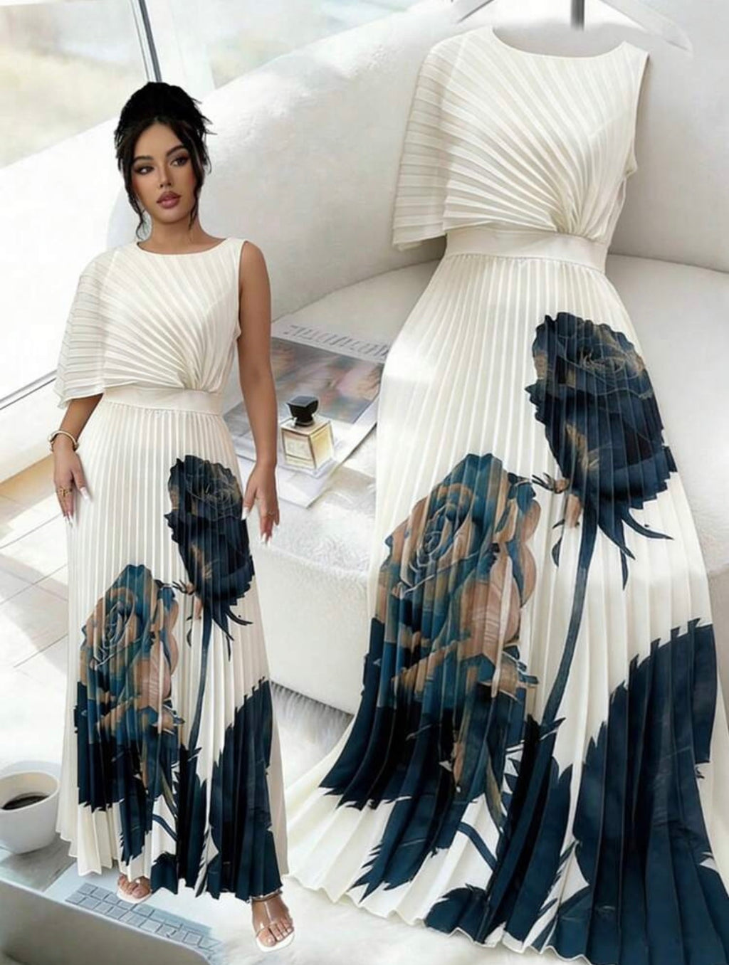 Women’s Elegant Round Neck Ruffle Waist Print A-Line Dress – Romantic Floral Style