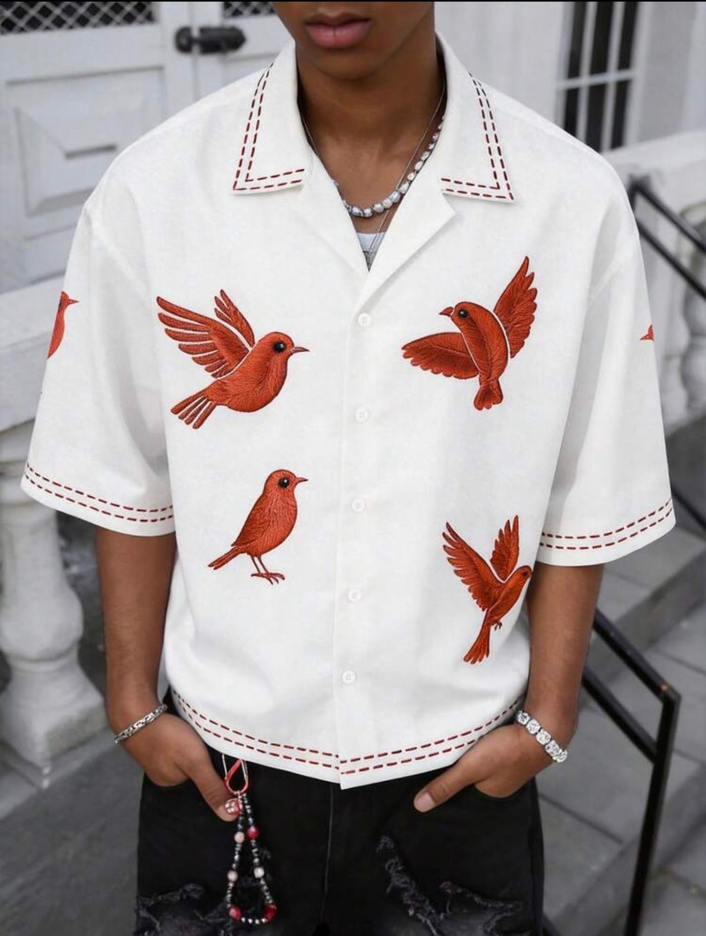Men’s Bird Print Cuban Collar Short Sleeve Oversized Shirt – Casual Summer Beach Top