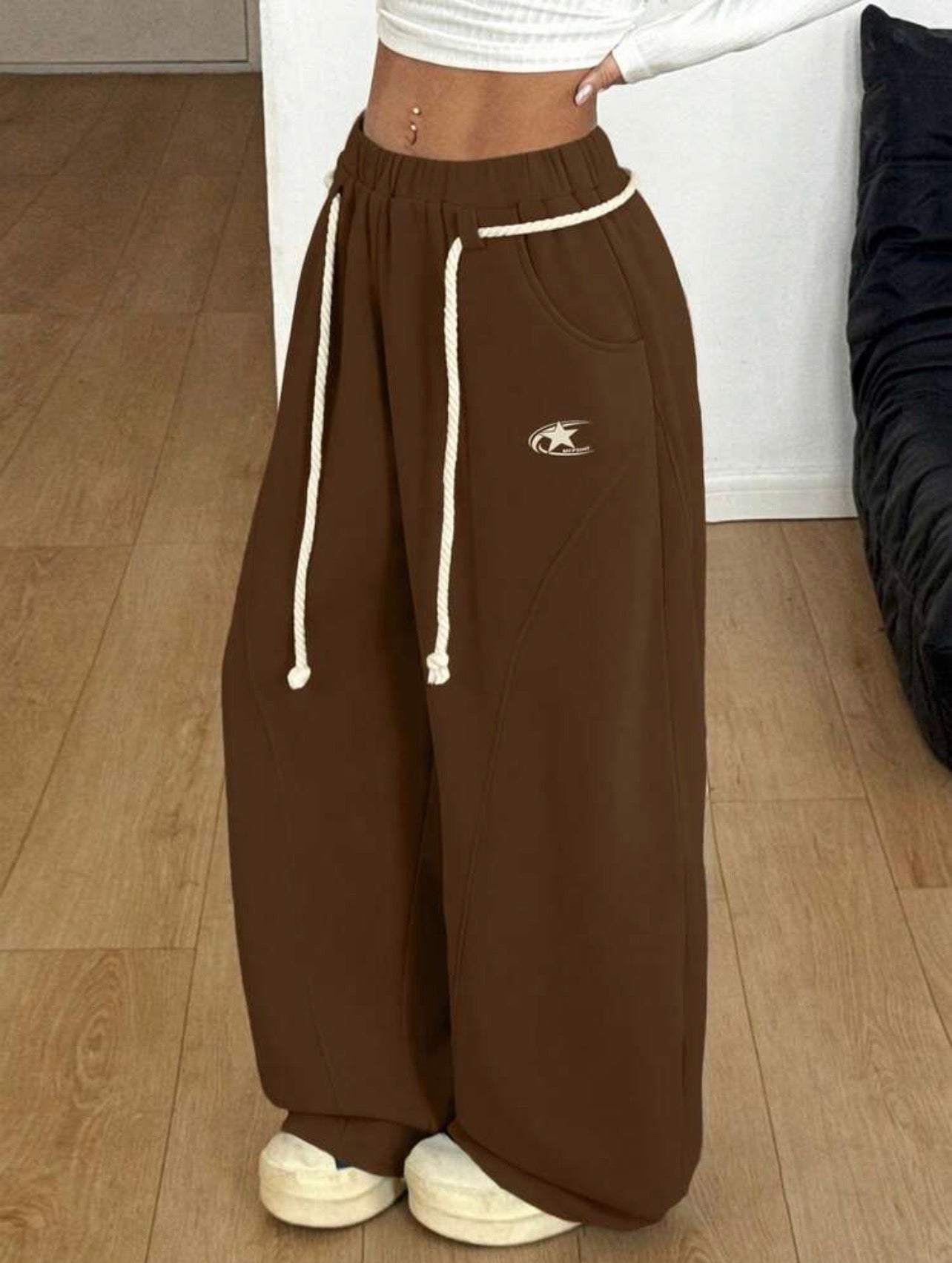 Women’s Casual Elastic Waist Curved Hem Pants – Preppy Streetwear Style