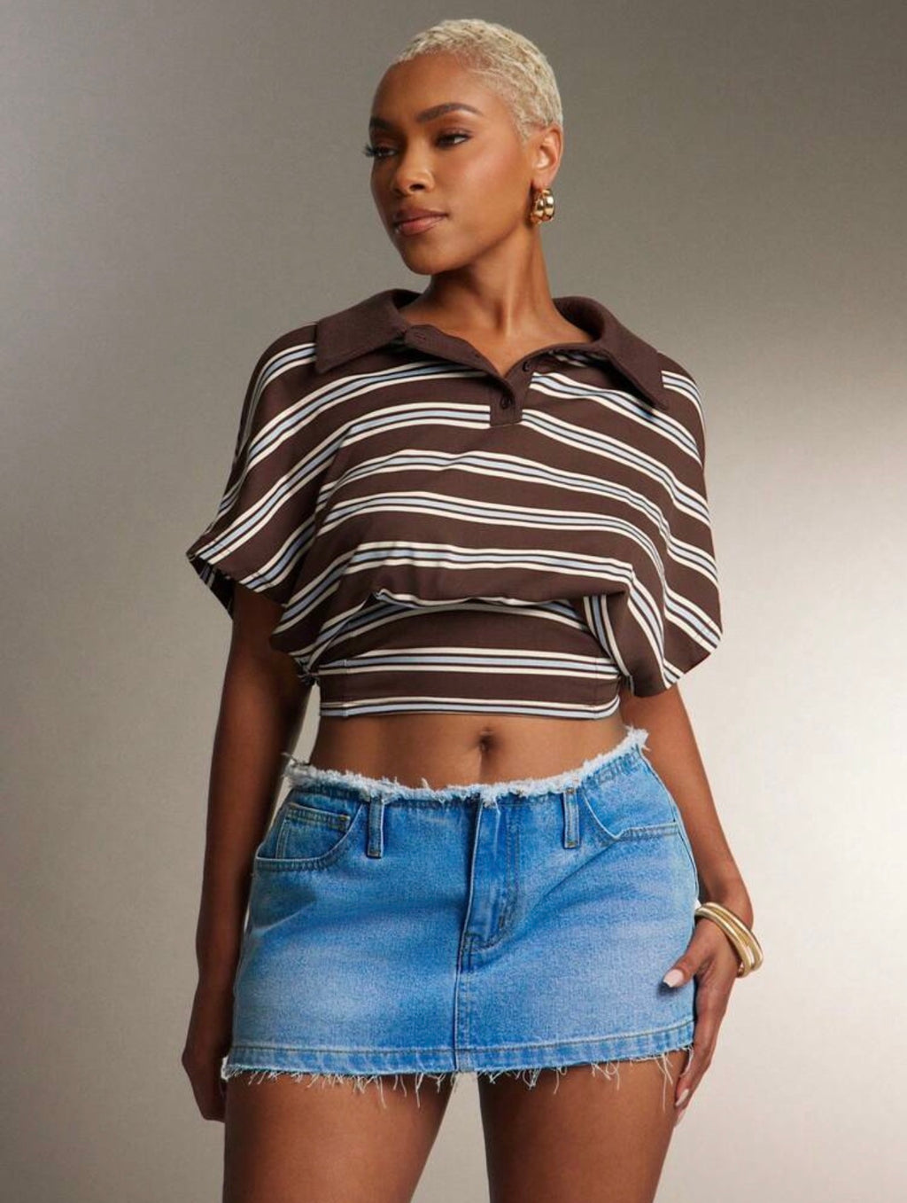 Women’s Cinched Waist Striped Polo Collar Top – Fashion Casual Shirt